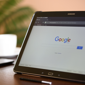 タブレットでGoogle検索画面を表示するデスクワーク風景